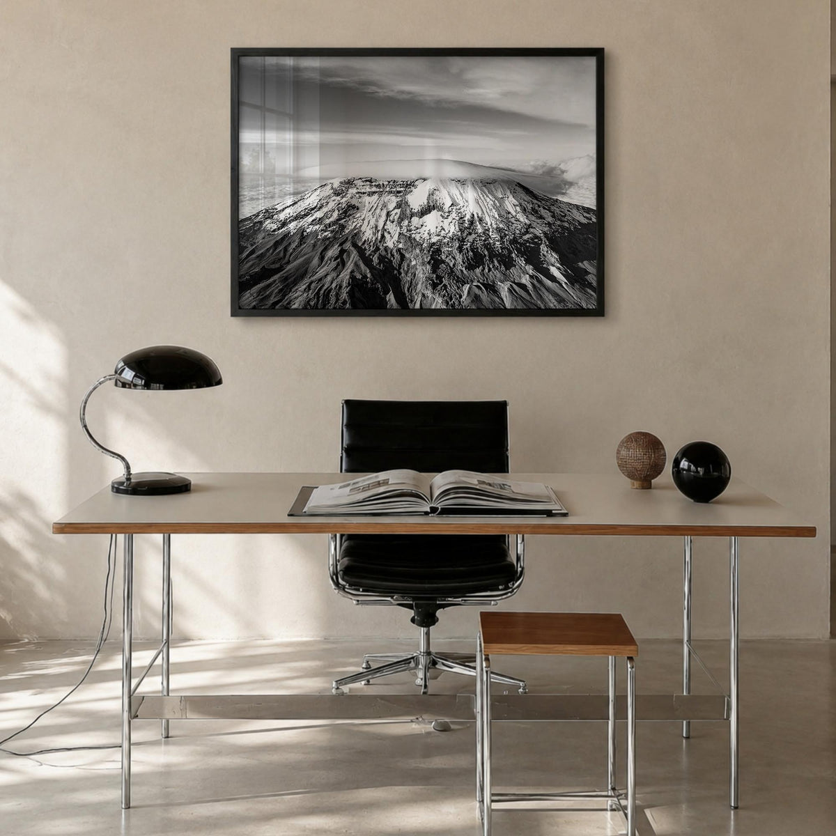 Mount Kilimanjaro black & white photo poster of Tanzania – horizontal wall art in black wood frame, hanging on wall