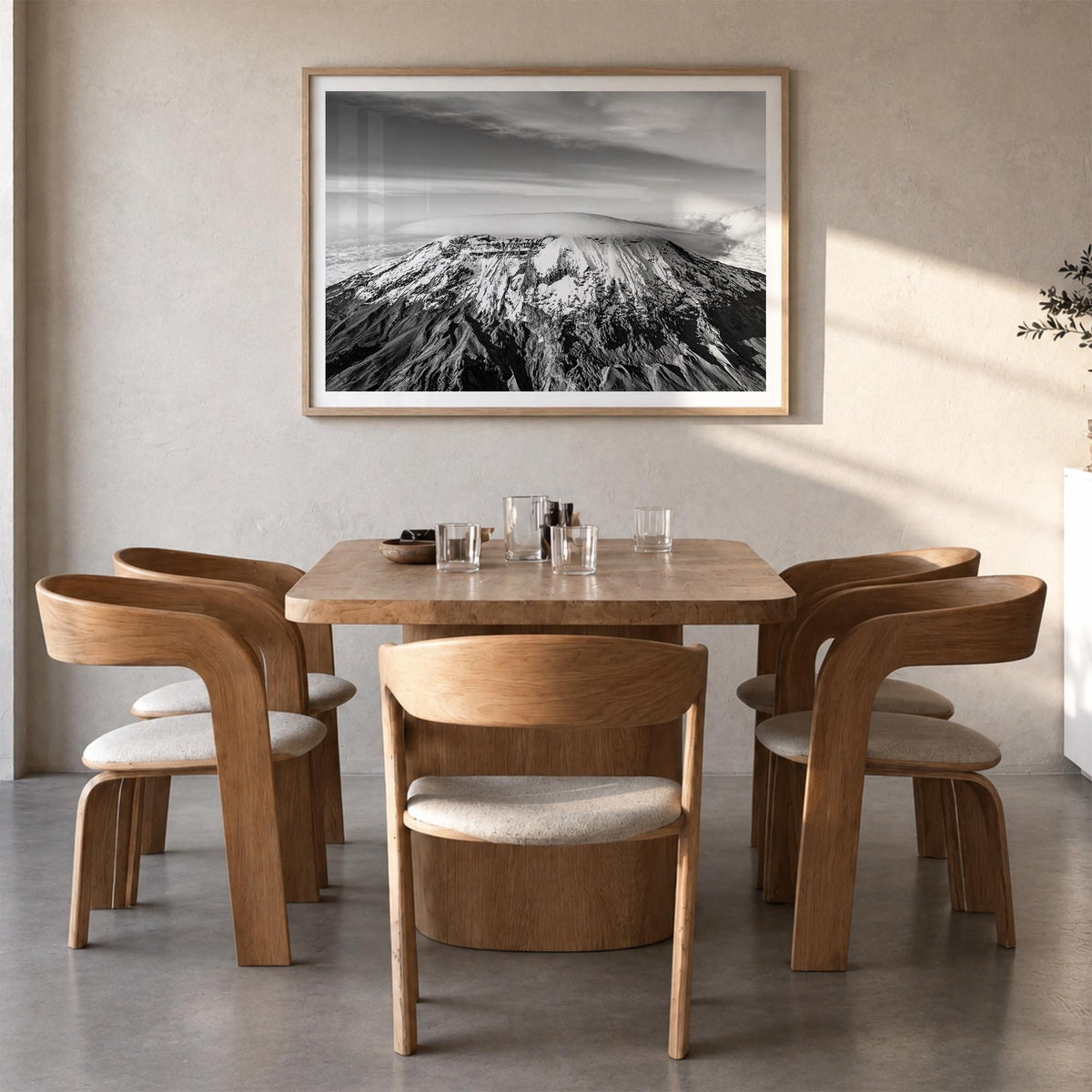Mount Kilimanjaro black & white photo poster of Tanzania – horizontal wall art in natural wood frame with white border, hangi