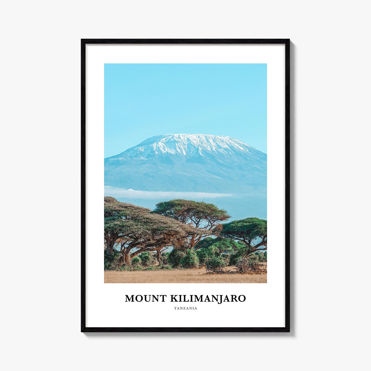 Mount Kilimanjaro colorful classic poster of Tanzania – vertical wall art, unframed print shown in interior mockup
