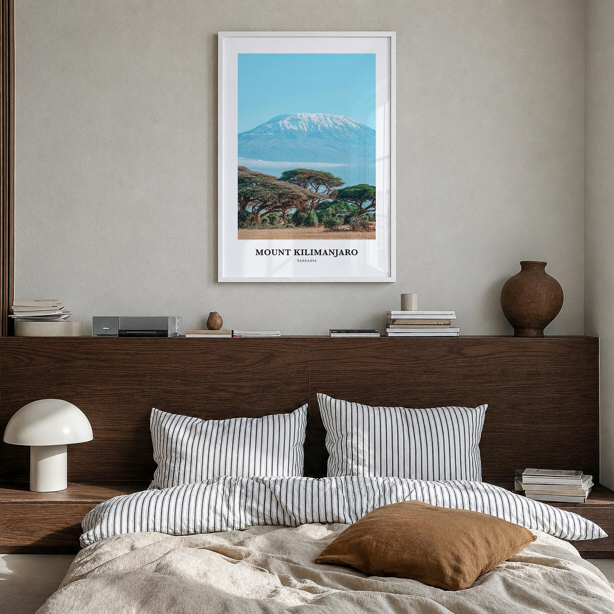 Mount Kilimanjaro colorful classic poster of Tanzania – vertical wall art in white wood frame, hanging on wall