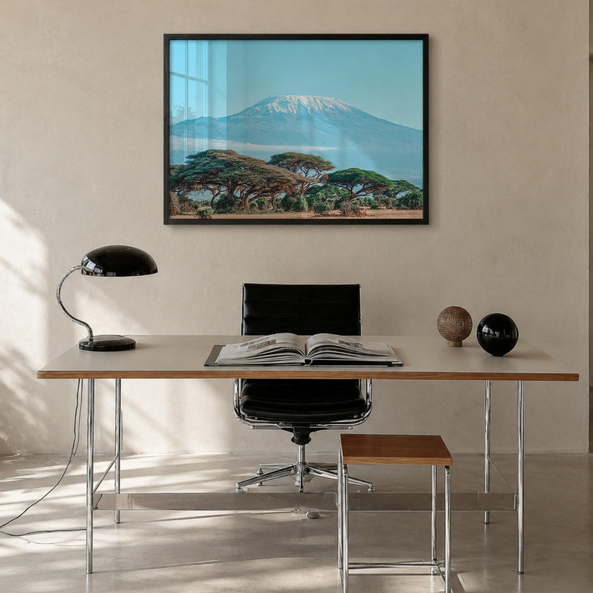 Mount Kilimanjaro colorful photo poster of Tanzania – horizontal wall art in black wood frame, hanging on wall