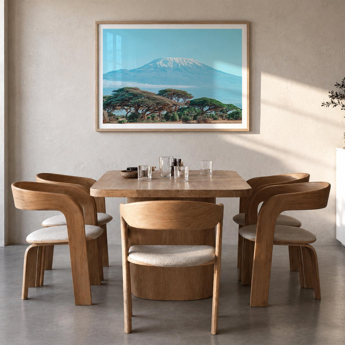 Mount Kilimanjaro colorful photo poster of Tanzania – horizontal wall art in natural wood frame with white border, hanging on