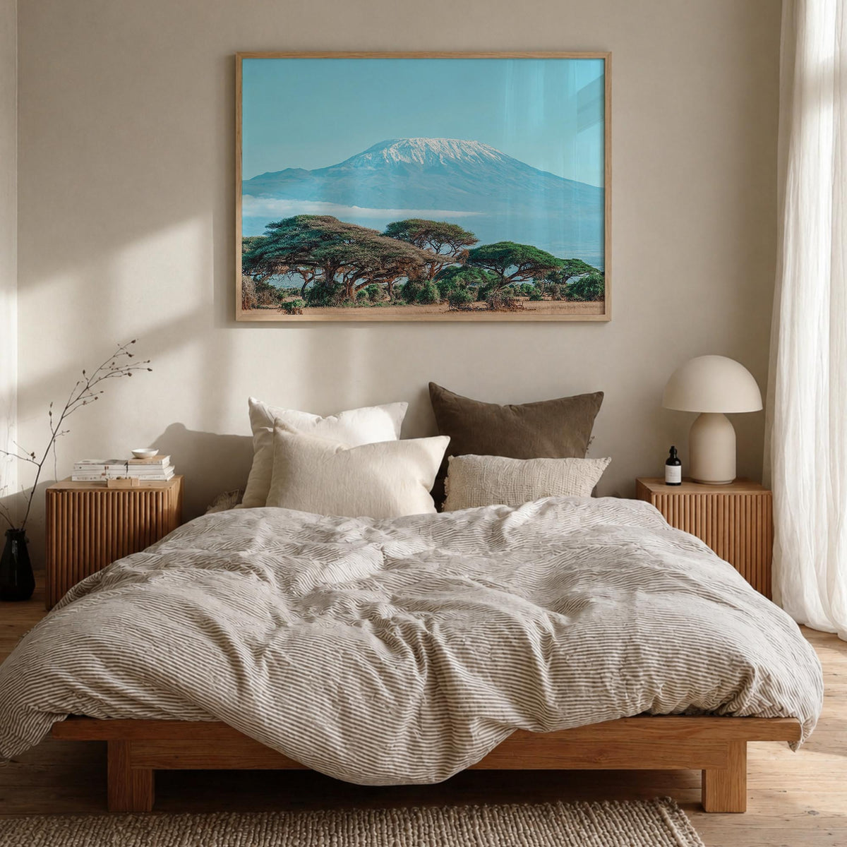 Mount Kilimanjaro colorful photo poster of Tanzania – horizontal wall art in natural wood frame, hanging on wall