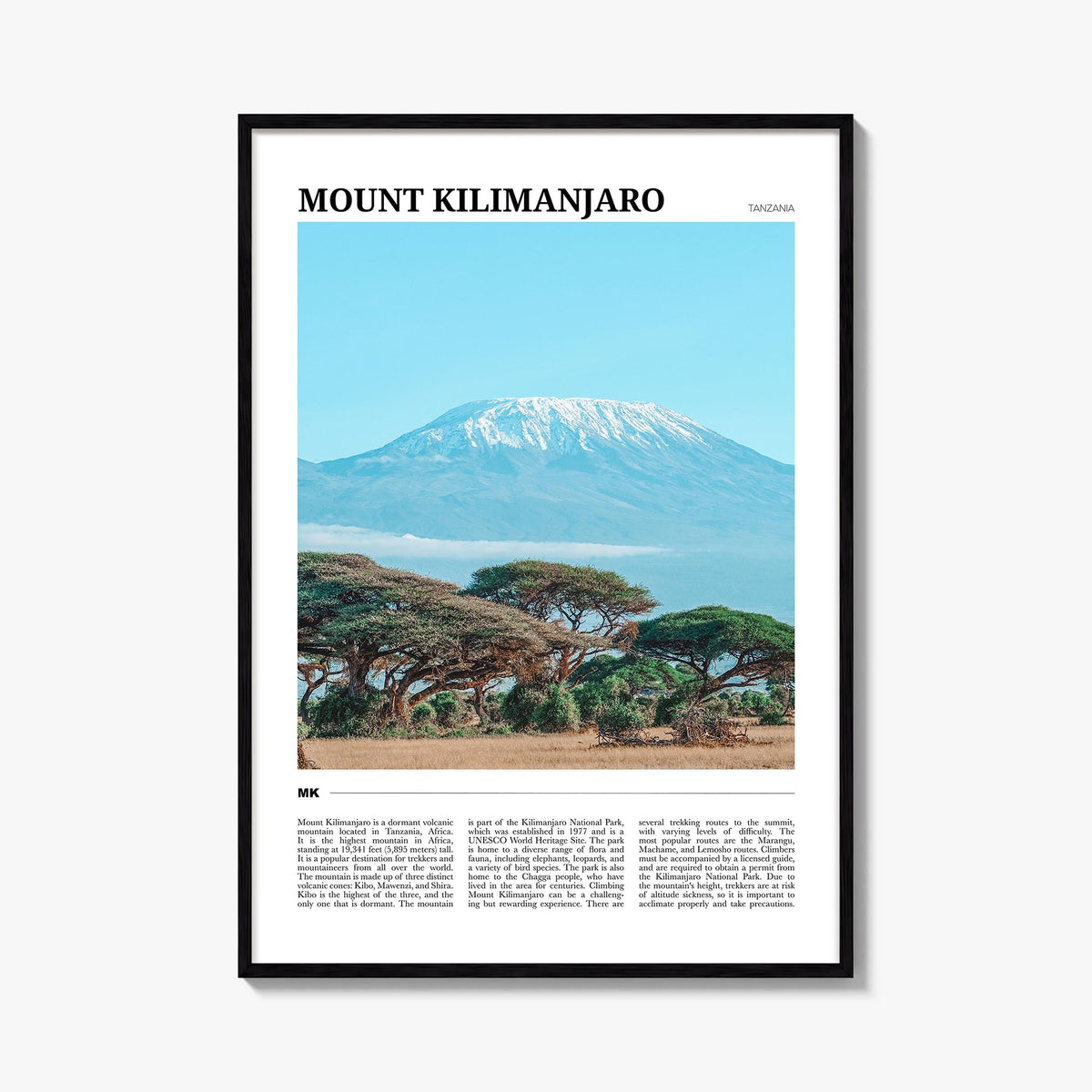 Mount Kilimanjaro colorful travel poster of Tanzania – vertical wall art, unframed print shown in interior mockup