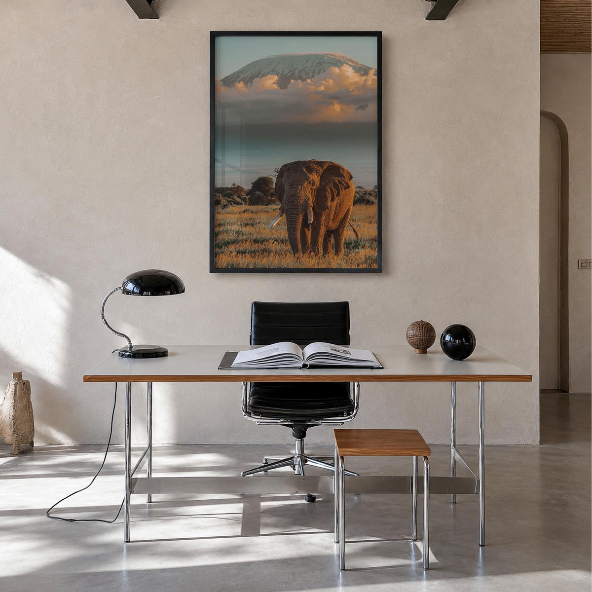Mount Kilimanjaro no. 2 colorful photo poster of Tanzania – vertical wall art in black wood frame, hanging on wall
