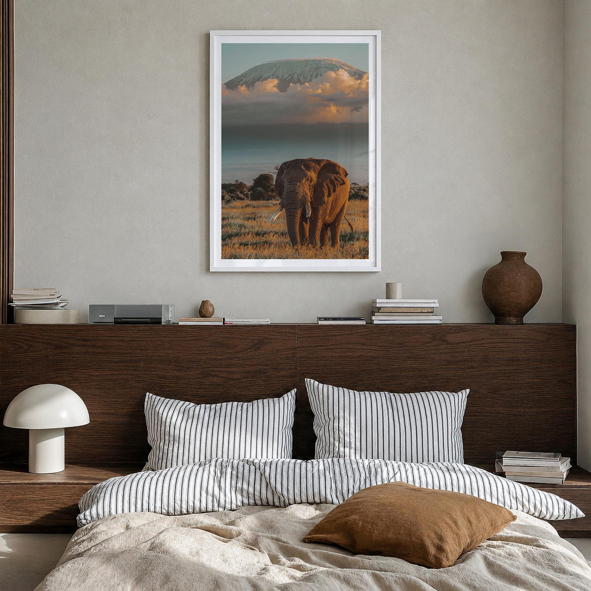 Mount Kilimanjaro no. 2 colorful photo poster of Tanzania – vertical wall art in white wood frame with white border, hanging