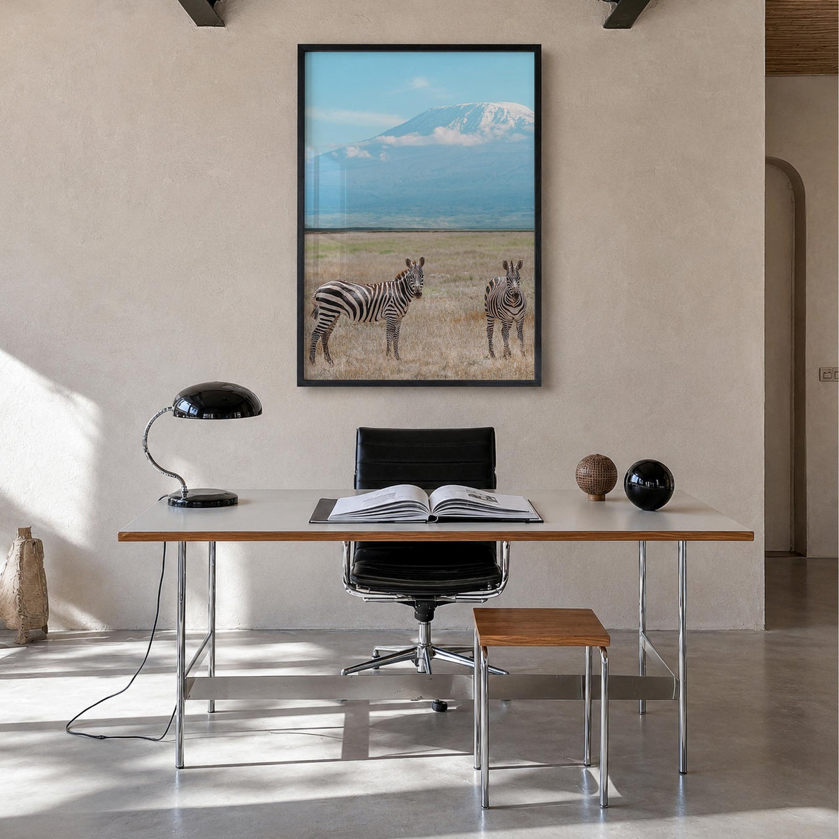 Mount Kilimanjaro no. 3 colorful photo poster of Tanzania – vertical wall art in black wood frame, hanging on wall