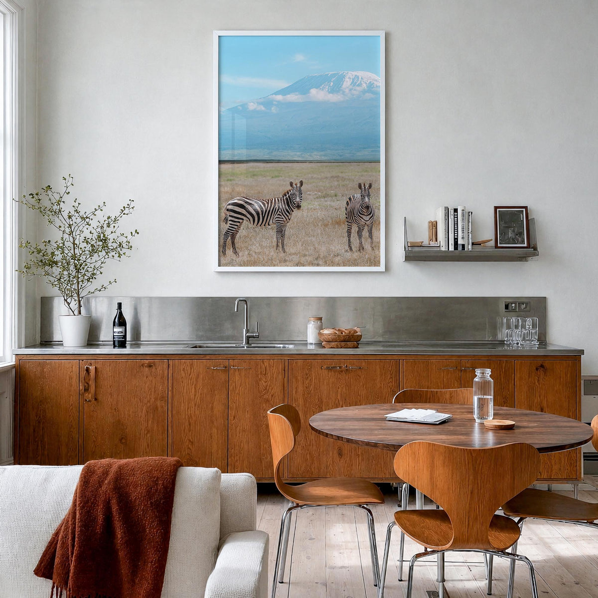 Mount Kilimanjaro no. 3 colorful photo poster of Tanzania – vertical wall art in white wood frame, hanging on wall