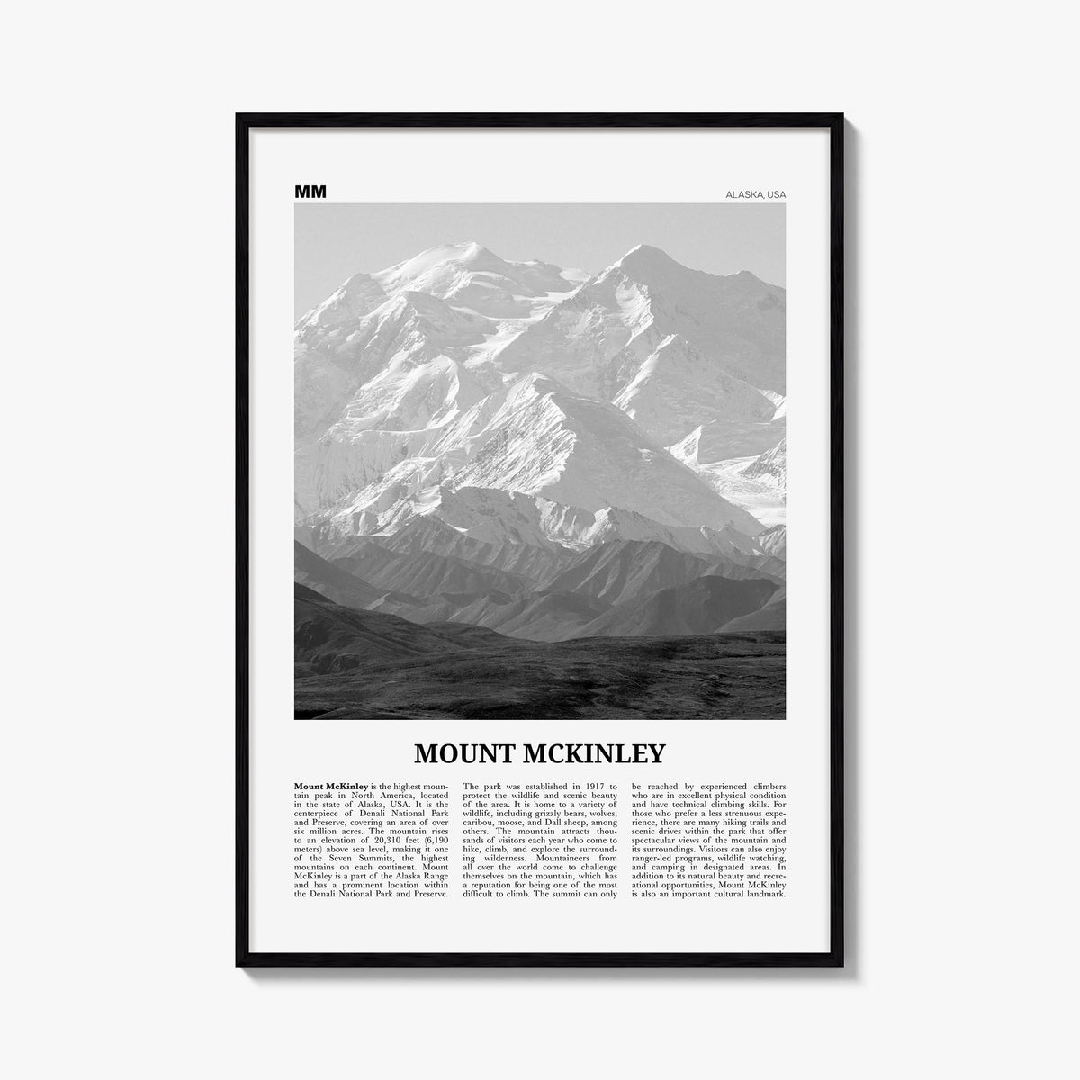 Denali no. 2 black & white newspaper poster of Alaska, USA – vertical wall art, unframed print shown in interior mockup