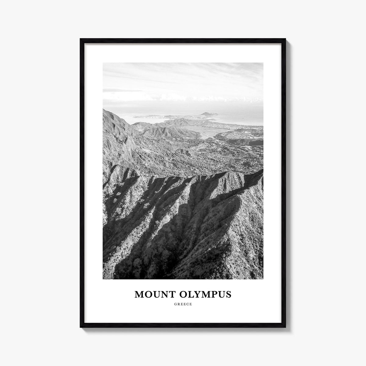 Mount Olympus black & white classic poster of Greece – vertical wall art, unframed print shown in interior mockup