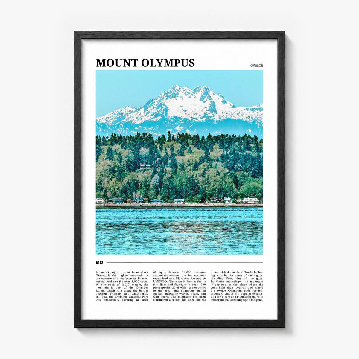 Mount Olympus Travel Poster in a black wood frame