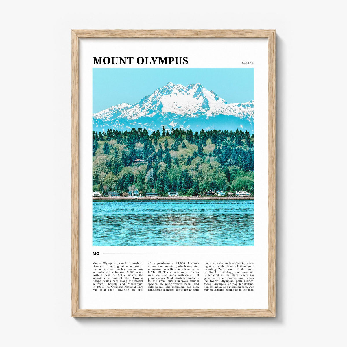 Mount Olympus Travel Poster in a natural wood frame