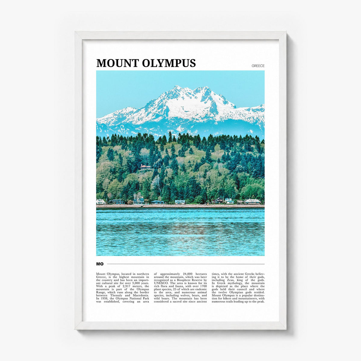 Mount Olympus Travel Poster in a white wood frame