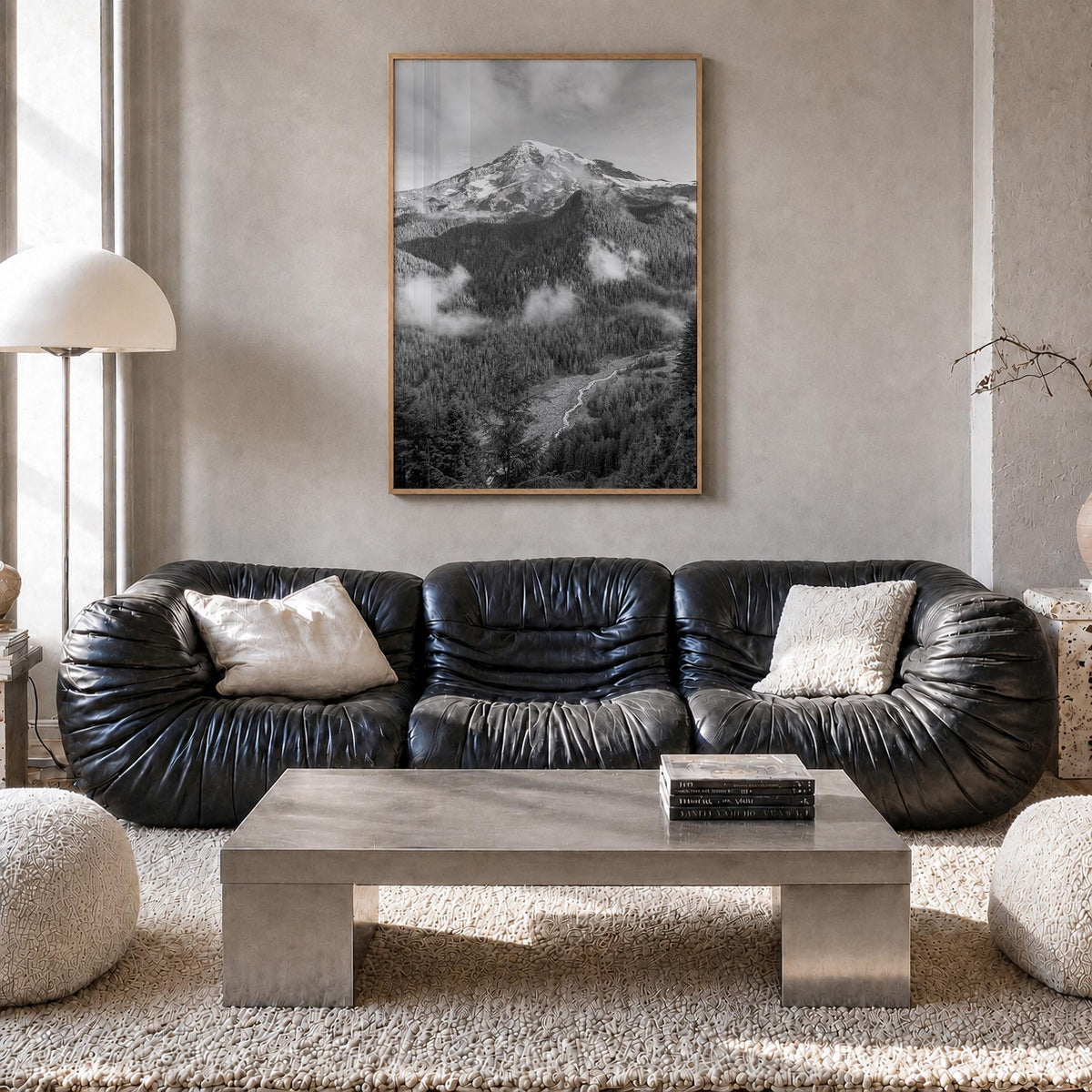 Mount Rainier black & white photo poster of Washington, USA – vertical wall art in natural wood frame, hanging on wall