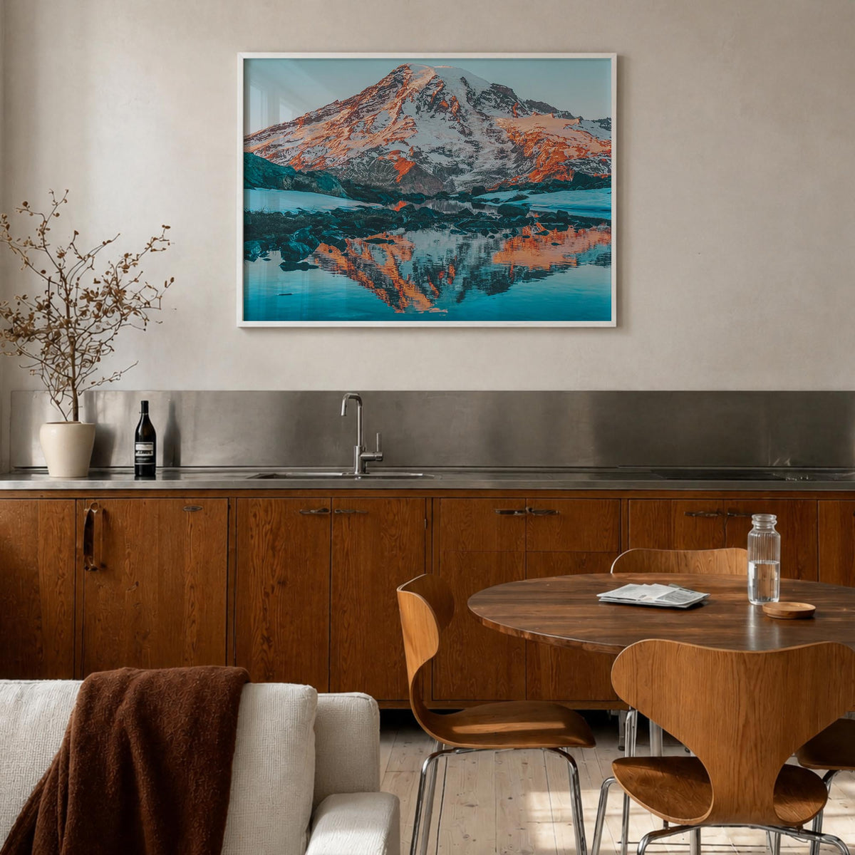 Mount Rainier colorful photo poster of Washington, USA – horizontal wall art in white wood frame, hanging on wall