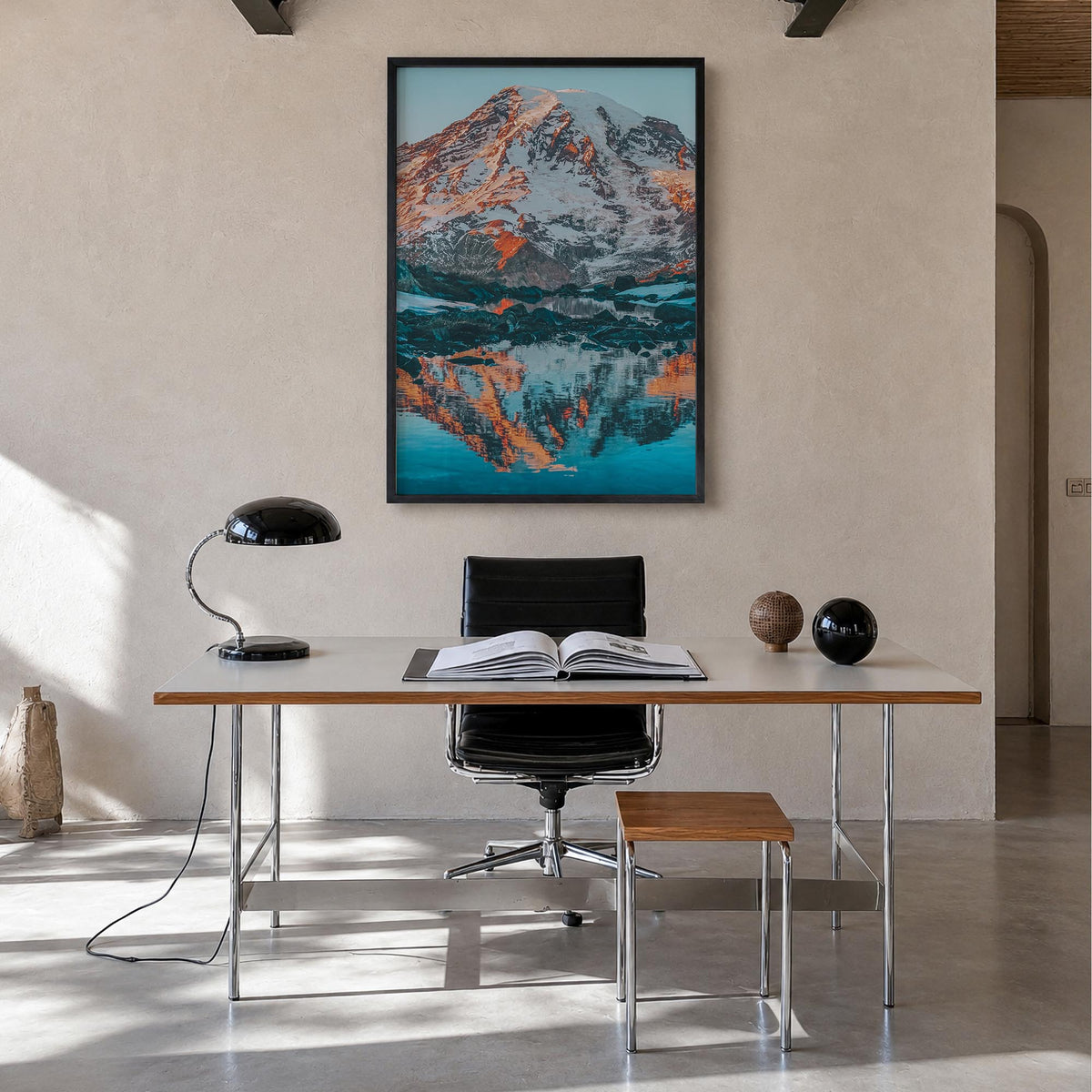 Mount Rainier no. 2 colorful photo poster of Washington, USA – vertical wall art in black wood frame, hanging on wall