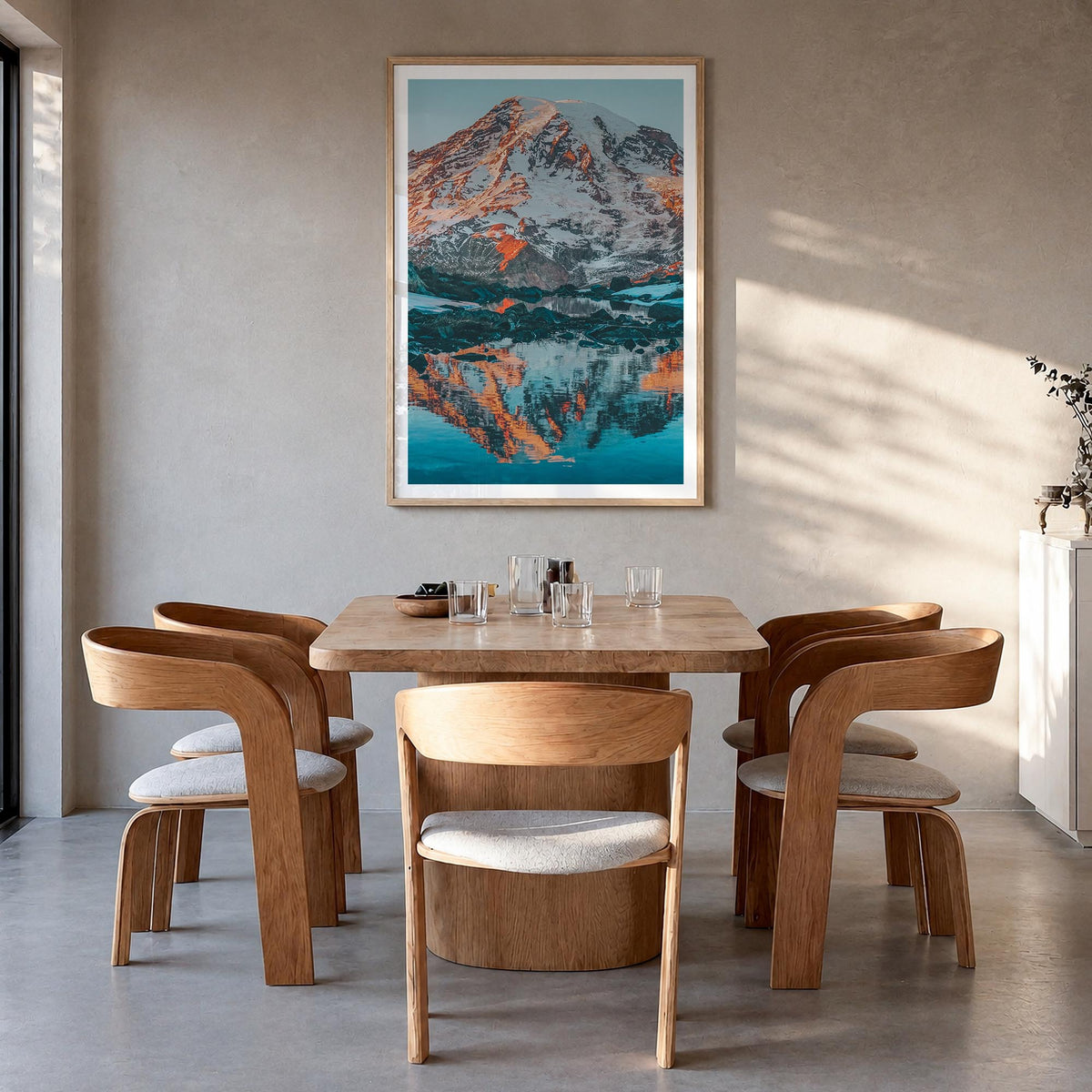 Mount Rainier no. 2 colorful photo poster of Washington, USA – vertical wall art in natural wood frame with white border, han