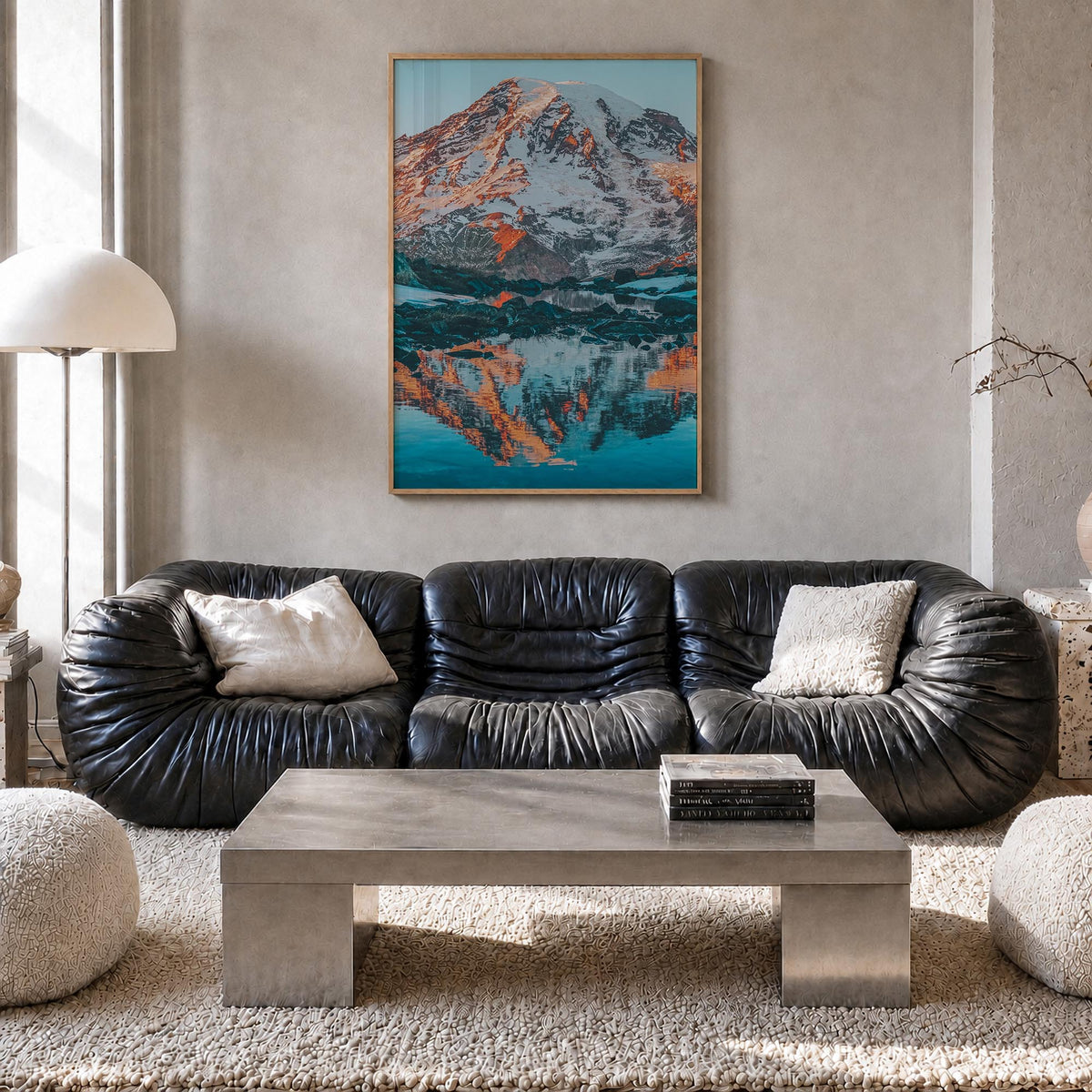 Mount Rainier no. 2 colorful photo poster of Washington, USA – vertical wall art in natural wood frame, hanging on wall