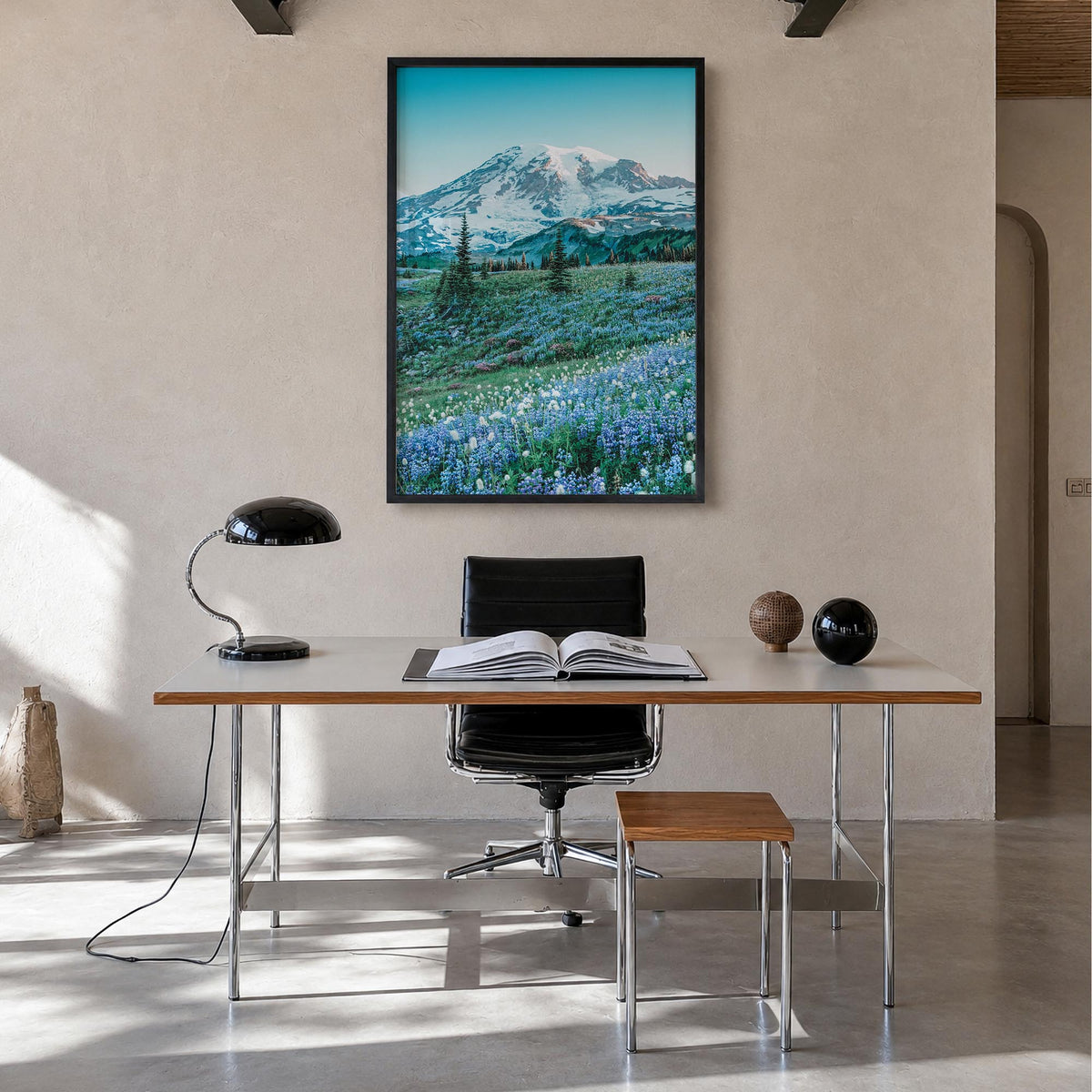 Mount Rainier no. 3 colorful photo poster of Washington, USA – vertical wall art in black wood frame, hanging on wall