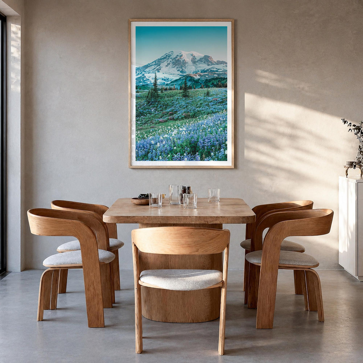 Mount Rainier no. 3 colorful photo poster of Washington, USA – vertical wall art in natural wood frame with white border, han
