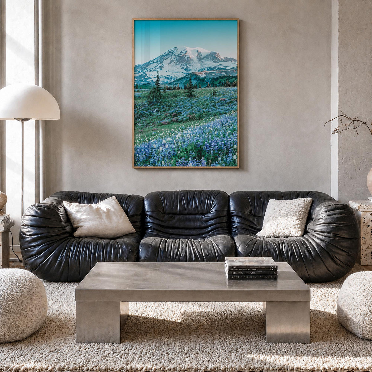 Mount Rainier no. 3 colorful photo poster of Washington, USA – vertical wall art in natural wood frame, hanging on wall