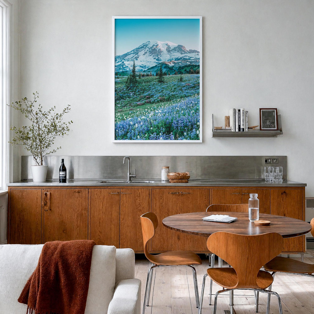 Mount Rainier no. 3 colorful photo poster of Washington, USA – vertical wall art in white wood frame, hanging on wall