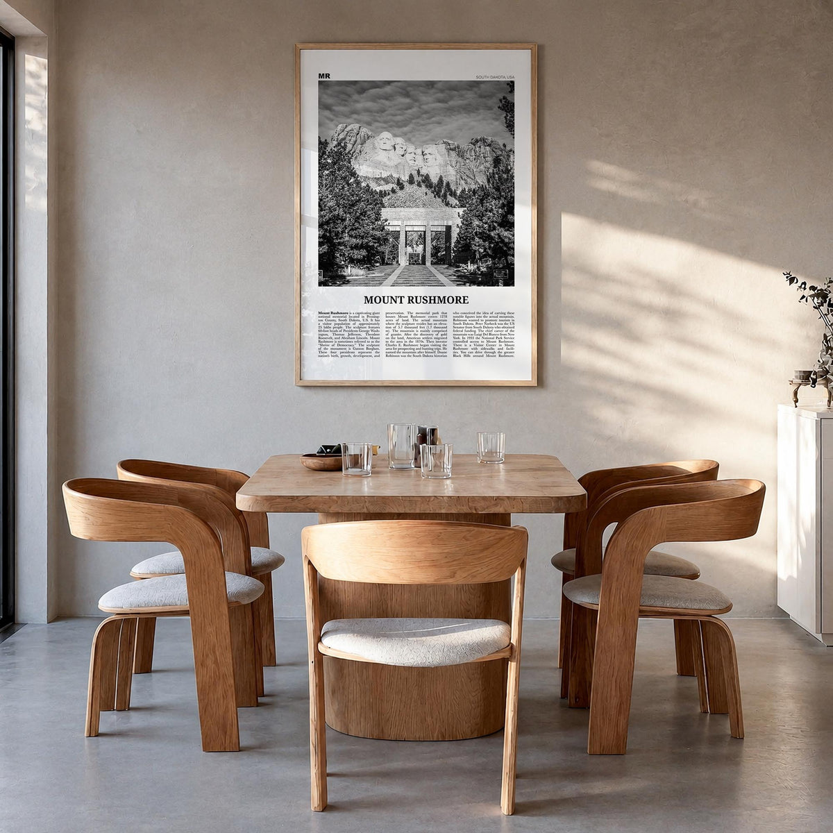 Mount Rushmore black & white newspaper poster of South Dakota, USA – vertical wall art in natural wood frame, hanging on wall