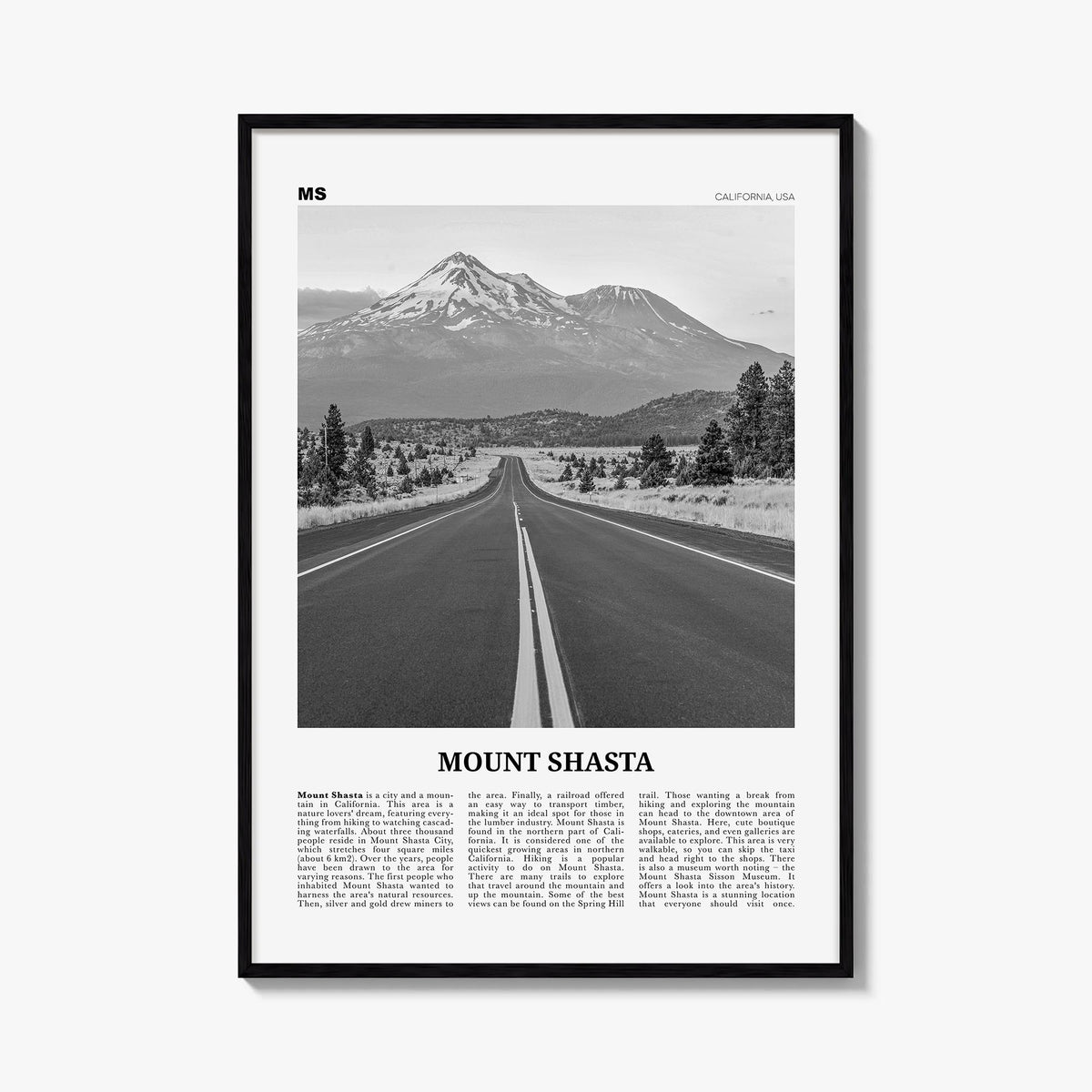 Mount Shasta black & white newspaper poster of California, USA – vertical wall art, unframed print shown in interior mockup