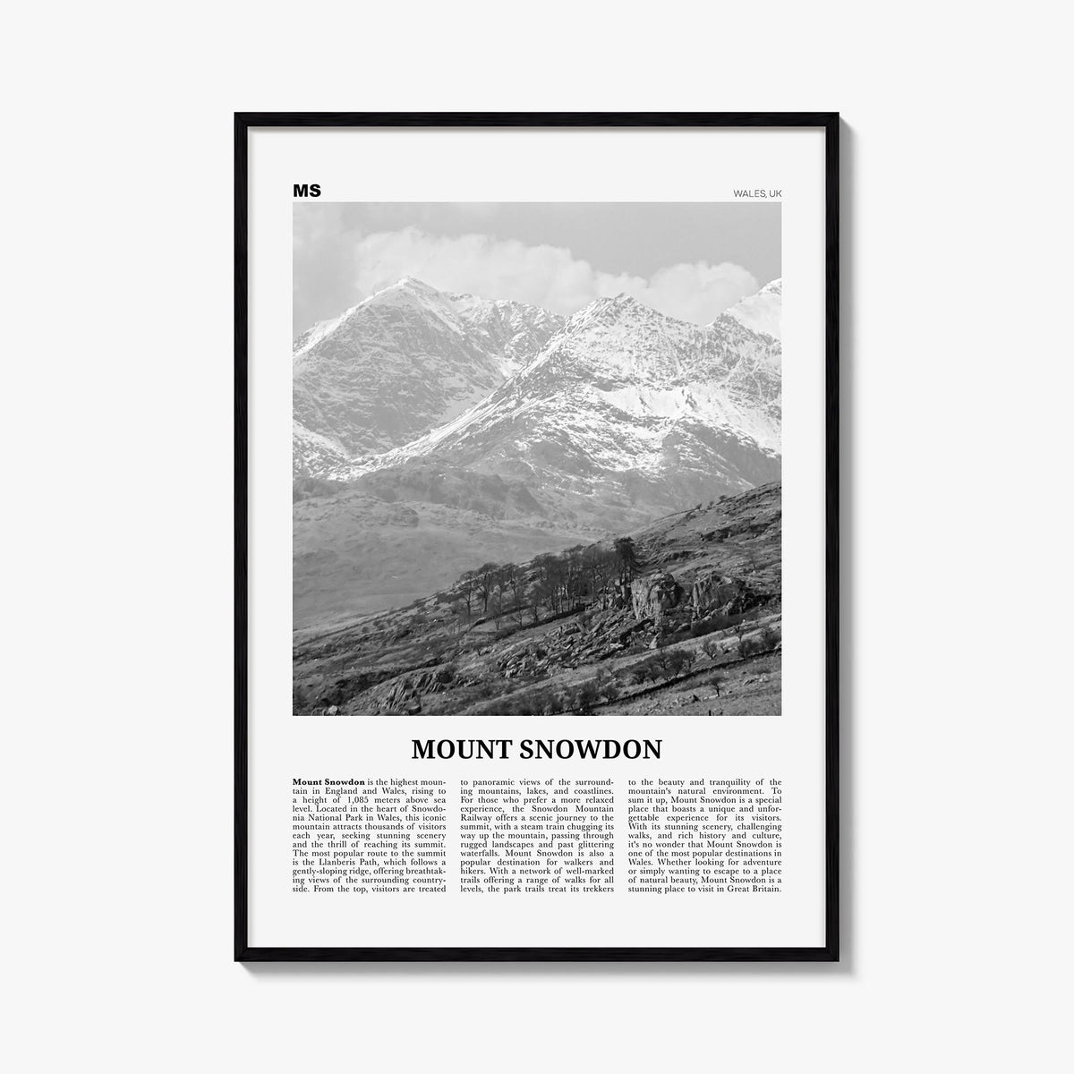 Mount Snowdon black & white newspaper poster of United Kingdom – vertical wall art, unframed print shown in interior mockup
