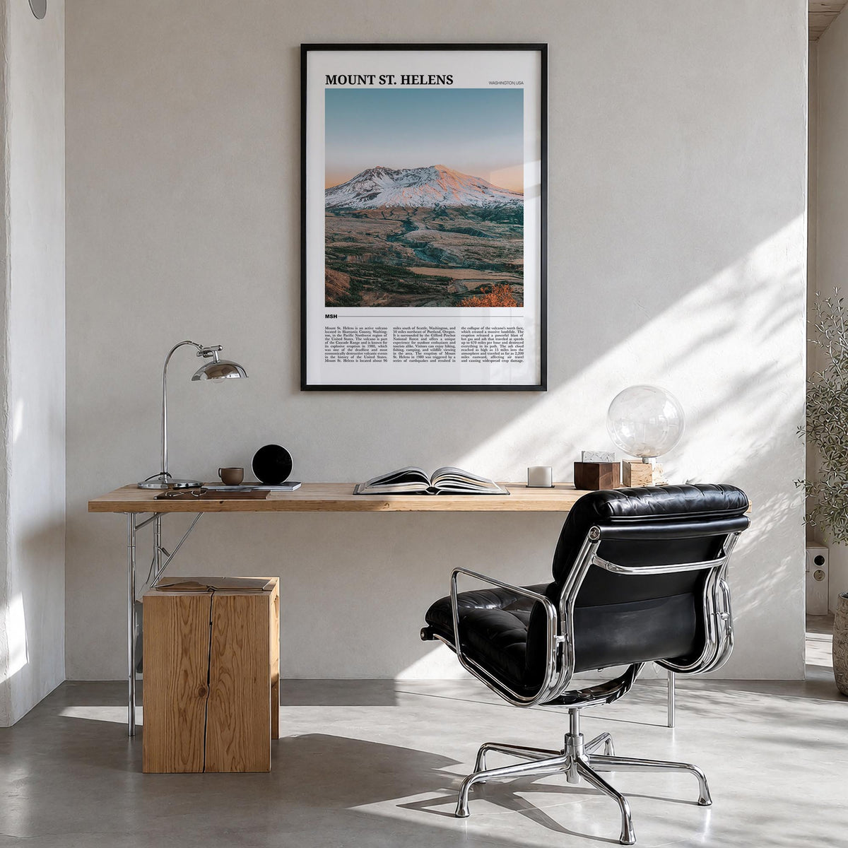 Mount St. Helens colorful travel poster of Washington, USA – vertical wall art in black wood frame, hanging on wall