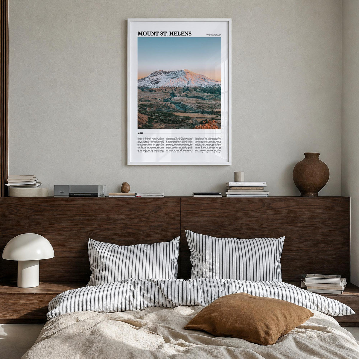 Mount St. Helens colorful travel poster of Washington, USA – vertical wall art in white wood frame, hanging on wall