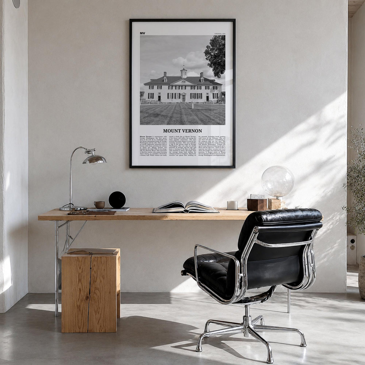 Mount Vernon black & white newspaper poster of New York, USA – vertical wall art in black wood frame, hanging on wall