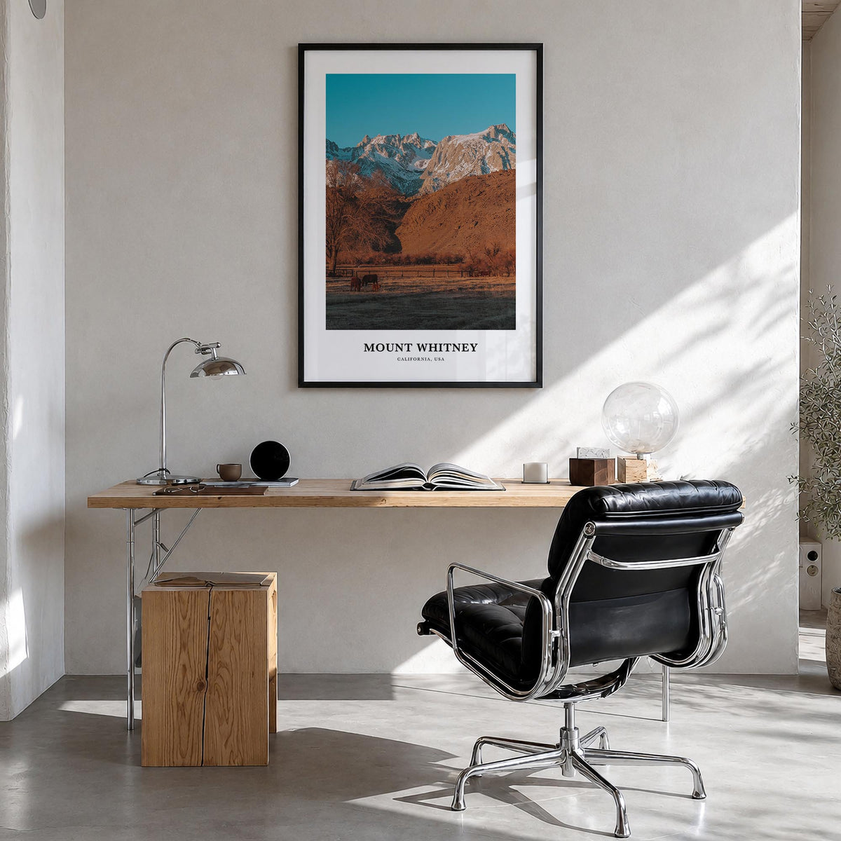 Mount Whitney colorful classic poster of California, USA – vertical wall art in black wood frame, hanging on wall