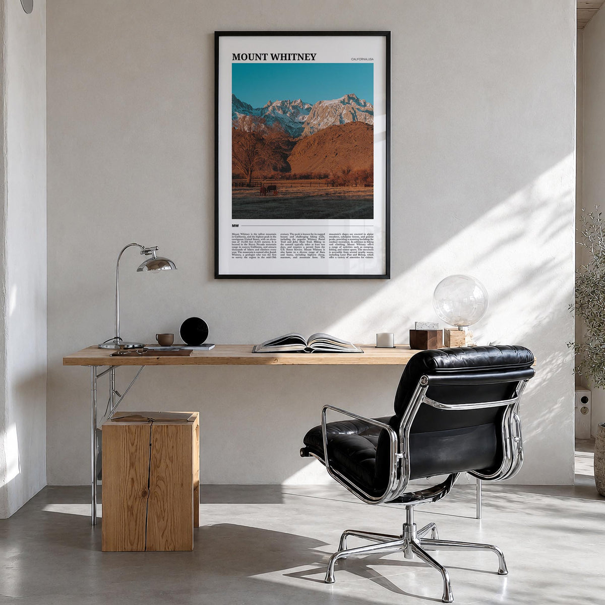 Mount Whitney colorful travel poster of California, USA – vertical wall art in black wood frame, hanging on wall