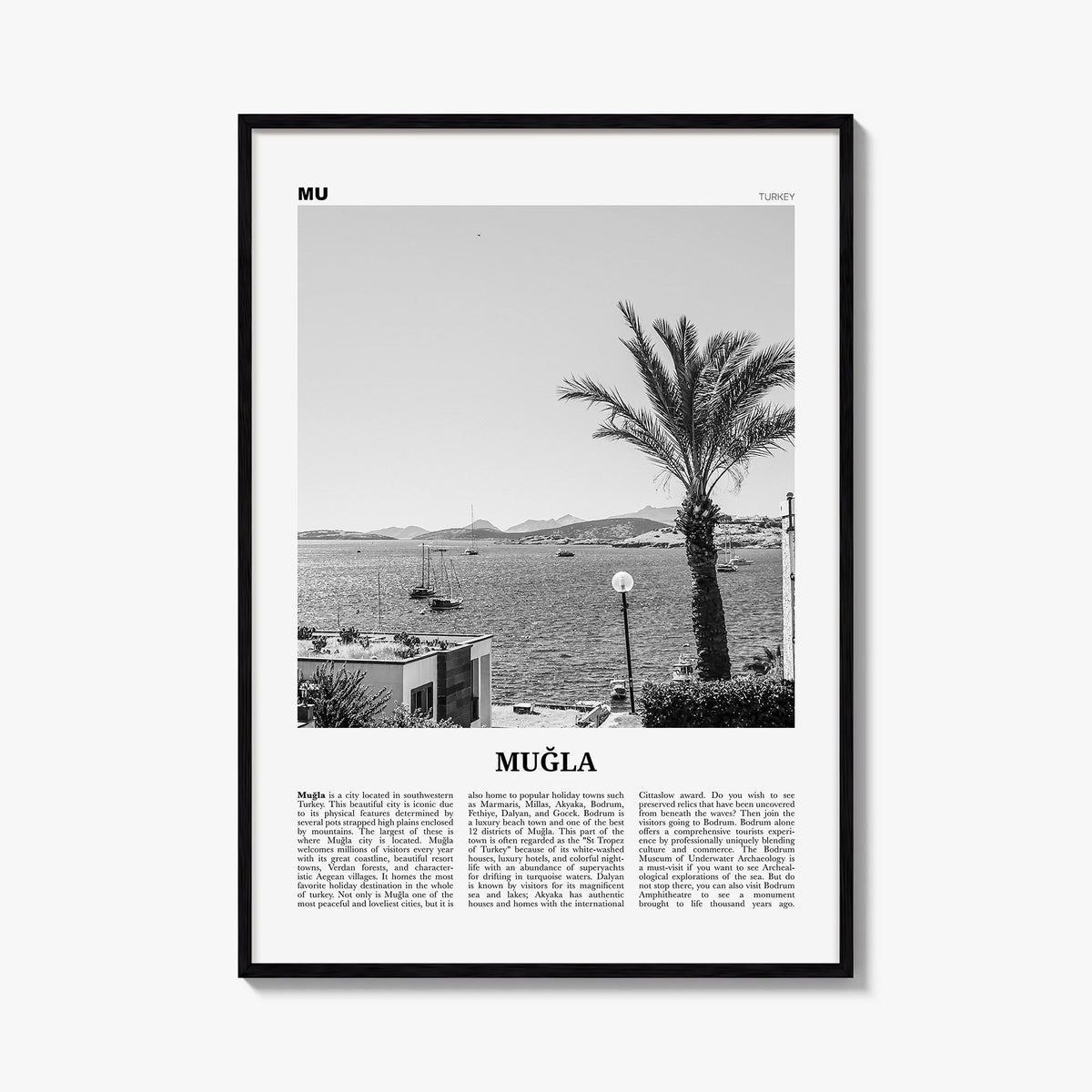 Muğla black & white newspaper poster of Türkiye – vertical wall art, unframed print shown in interior mockup