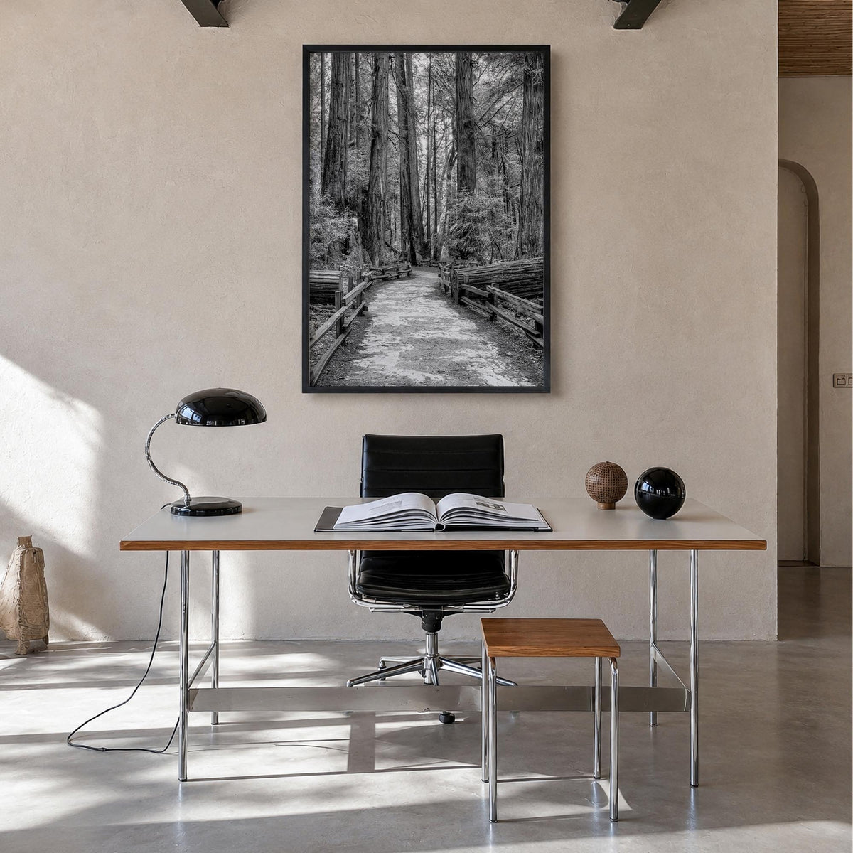 Muir Woods National Monument black & white photo poster of California, USA – vertical wall art in black wood frame, hanging o