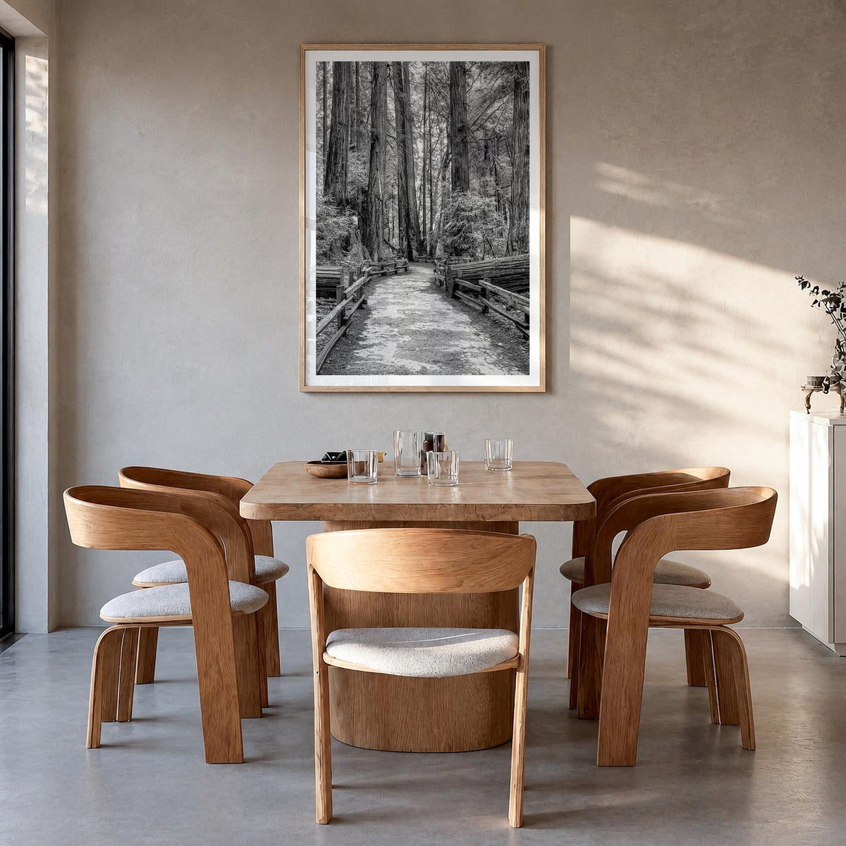 Muir Woods National Monument black & white photo poster of California, USA – vertical wall art in natural wood frame with whi