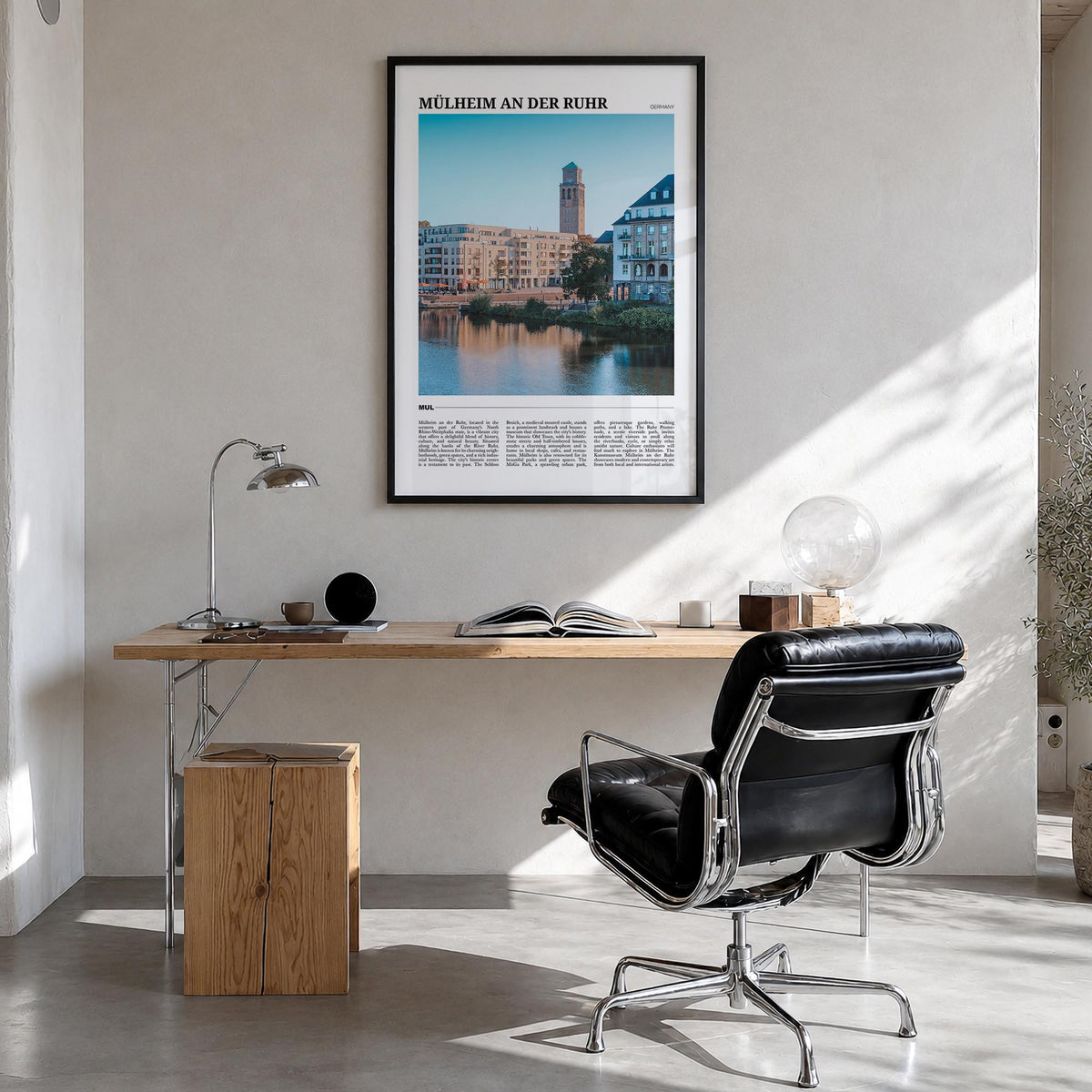 Mülheim an der Ruhr colorful travel poster of Germany – vertical wall art in black wood frame, hanging on wall
