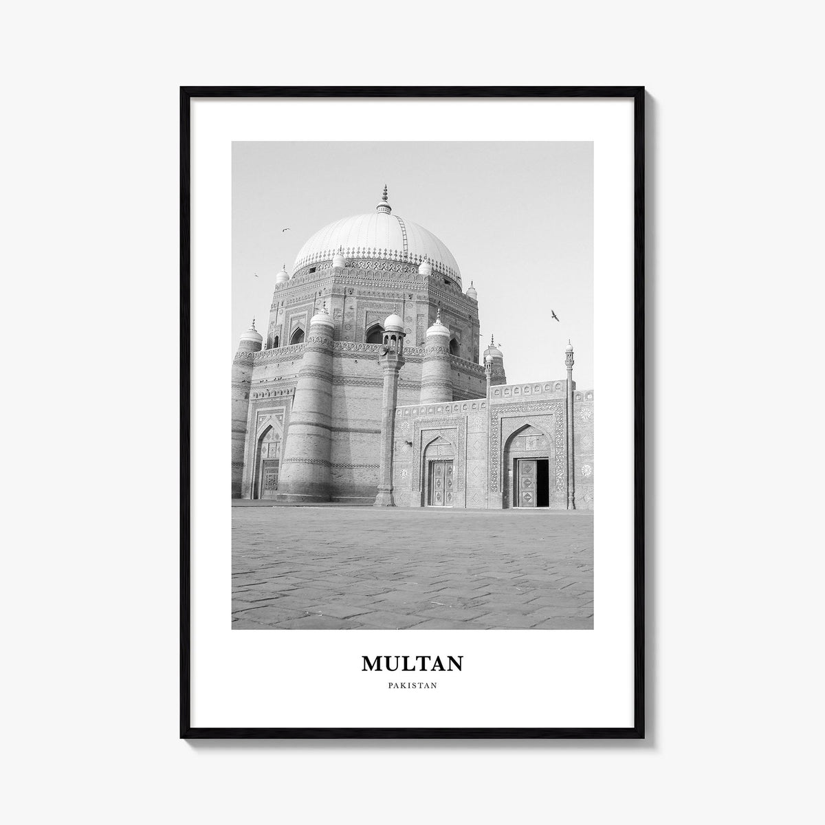 Multan black & white classic poster of Pakistan – vertical wall art, unframed print shown in interior mockup
