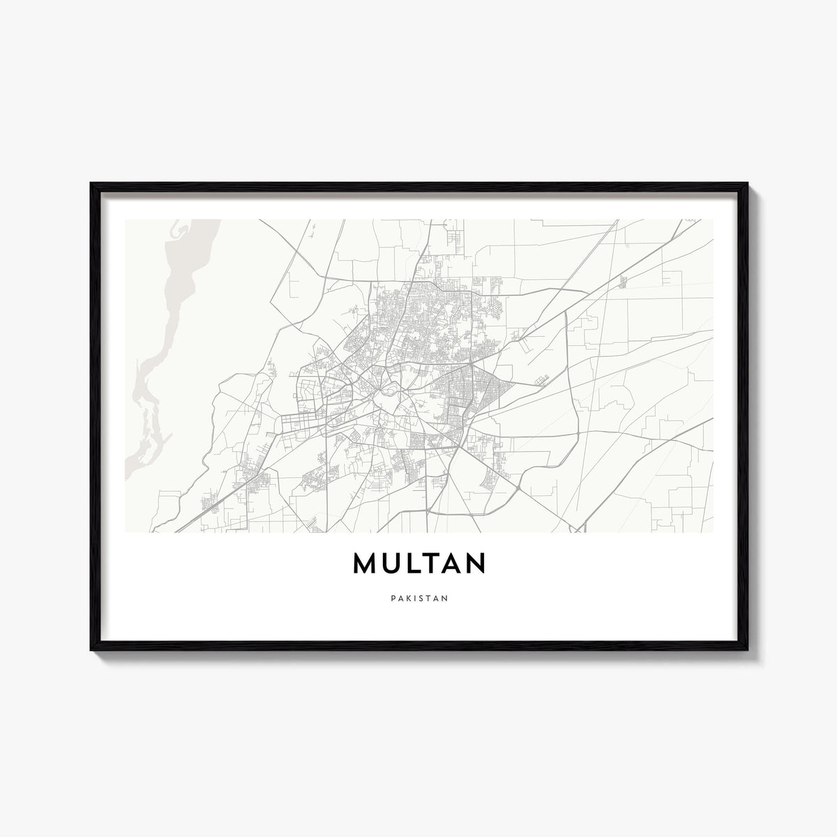 Multan black & white map poster of Pakistan – horizontal wall art, unframed print shown in interior mockup