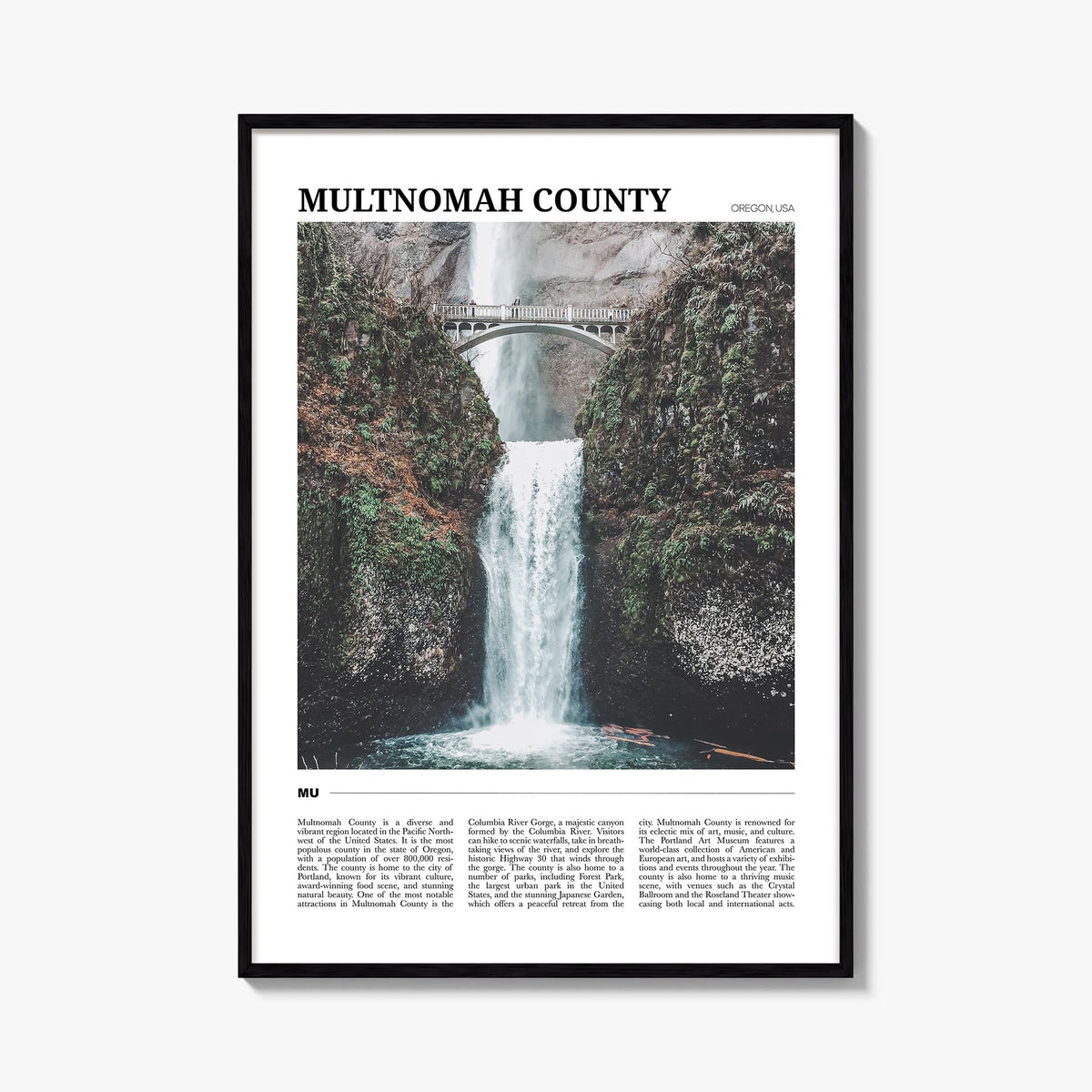 Multnomah County colorful travel poster of Oregon, USA – vertical wall art, unframed print shown in interior mockup