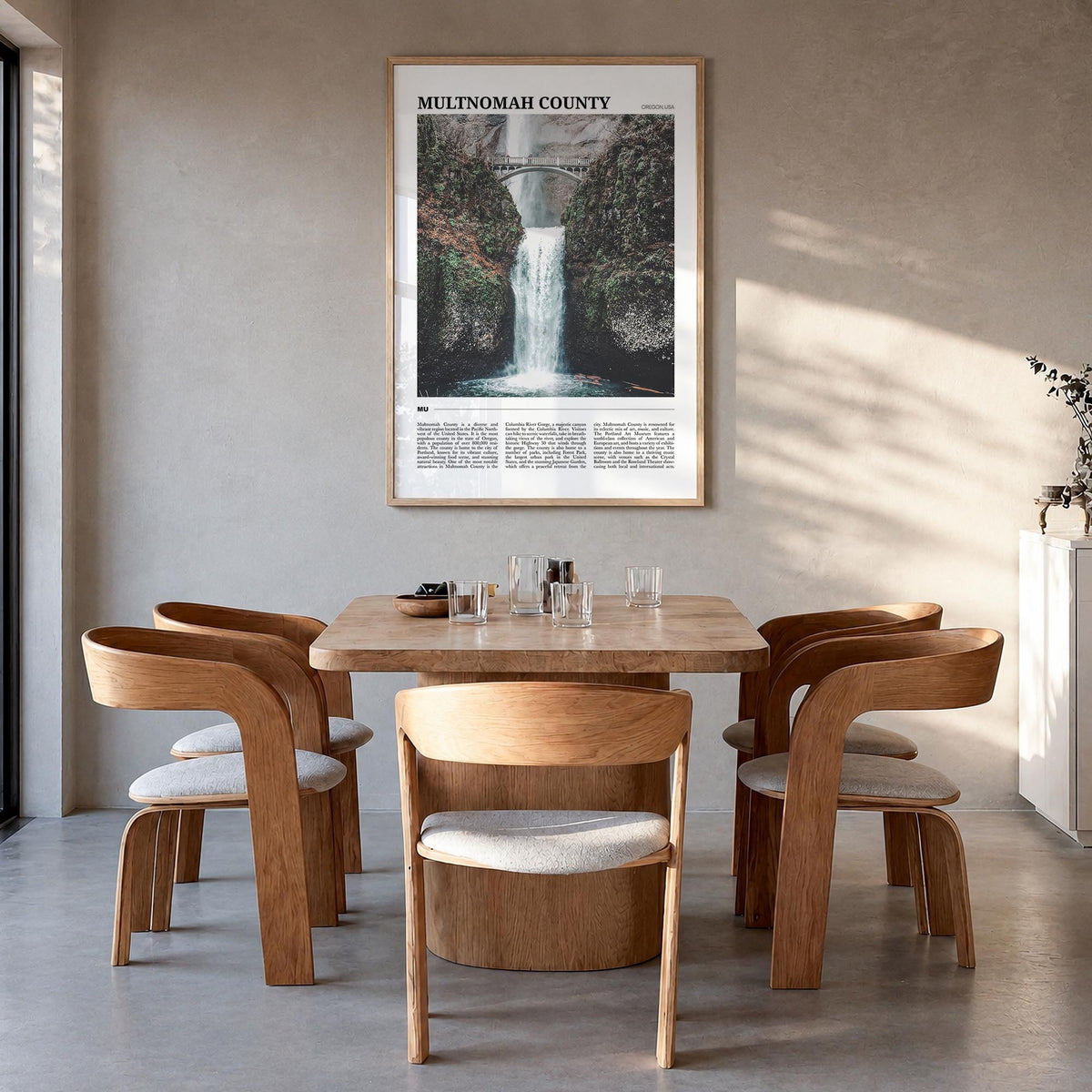 Multnomah County colorful travel poster of Oregon, USA – vertical wall art in natural wood frame, hanging on wall