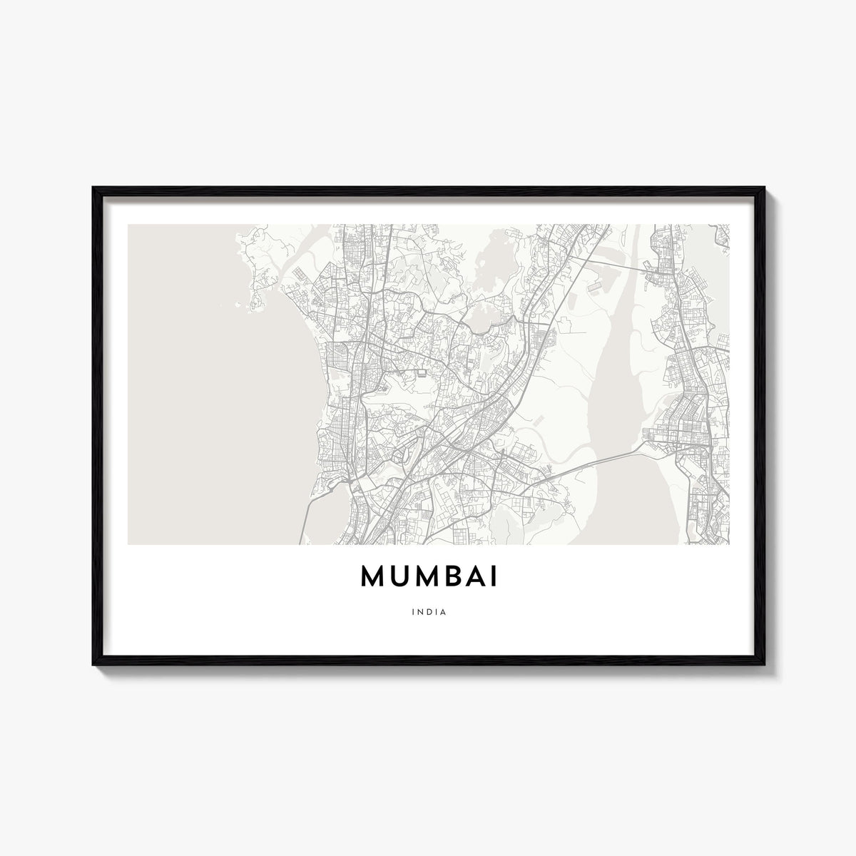 Mumbai black & white map poster of India – horizontal wall art, unframed print shown in interior mockup