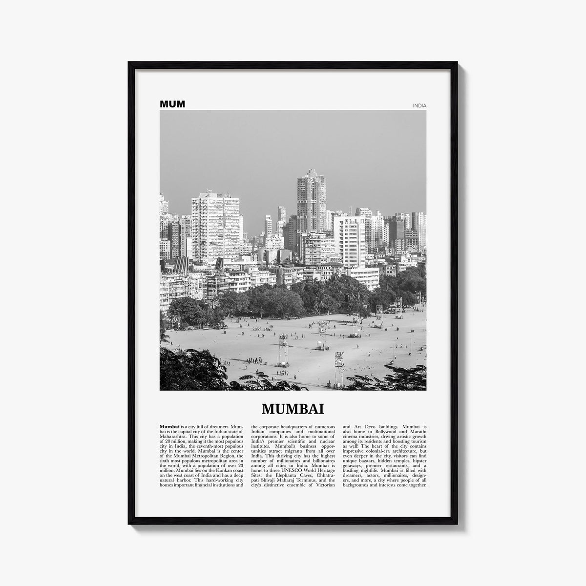 Mumbai black & white newspaper poster of India – vertical wall art, unframed print shown in interior mockup