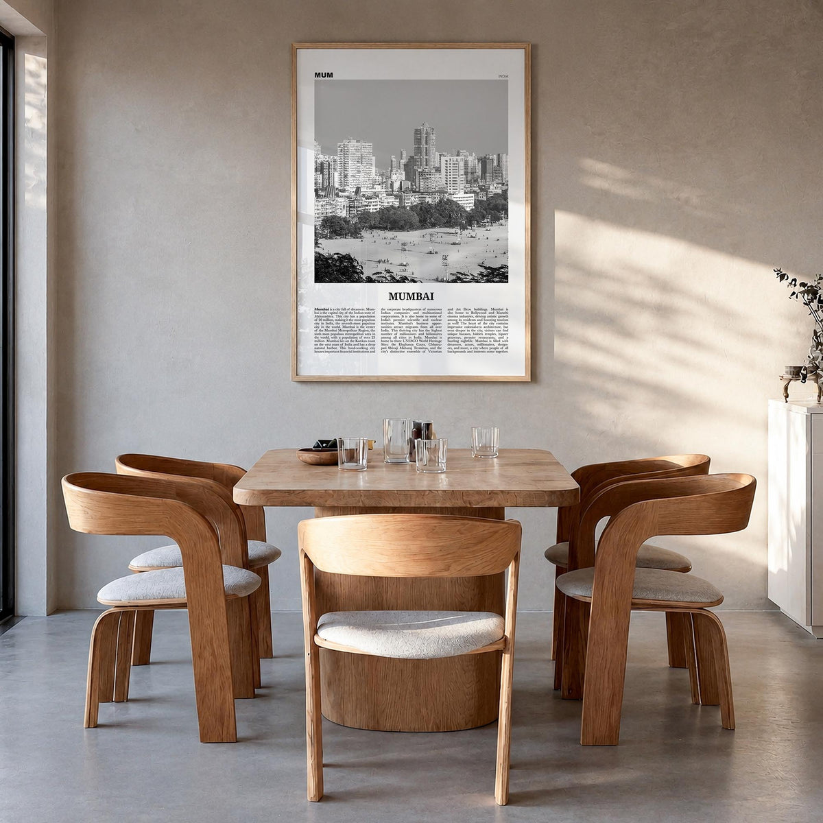 Mumbai black & white newspaper poster of India – vertical wall art in natural wood frame, hanging on wall