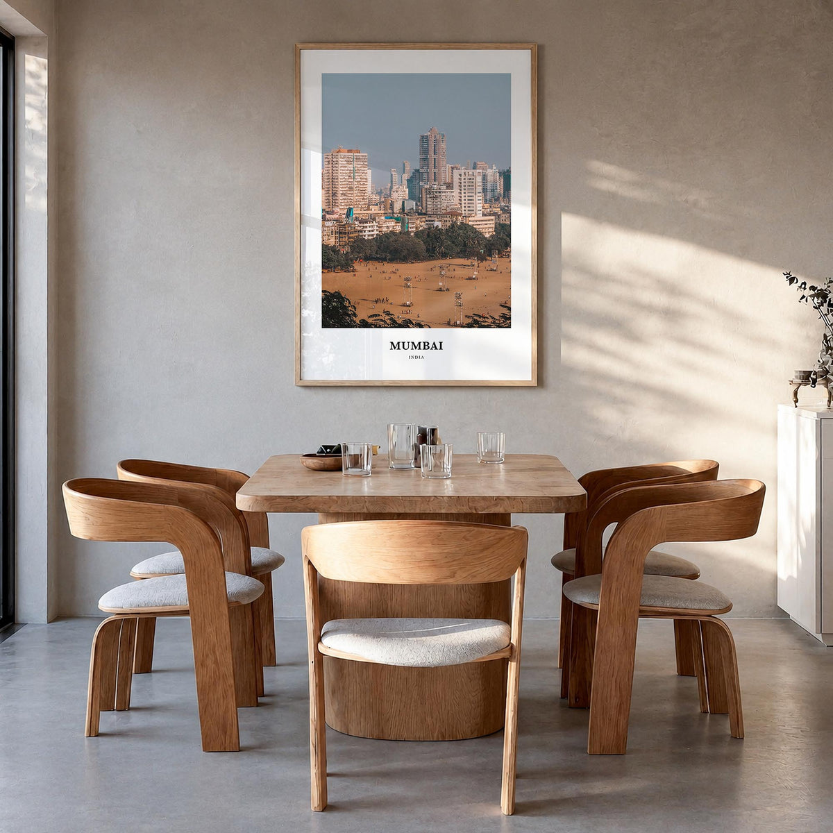 Mumbai colorful classic poster of India – vertical wall art in natural wood frame, hanging on wall