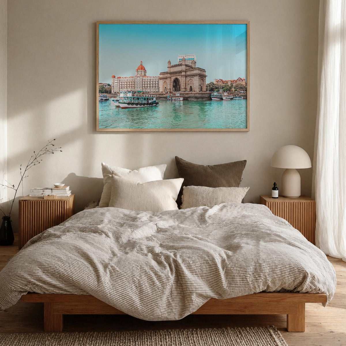 Mumbai colorful photo poster of India – horizontal wall art in natural wood frame, hanging on wall