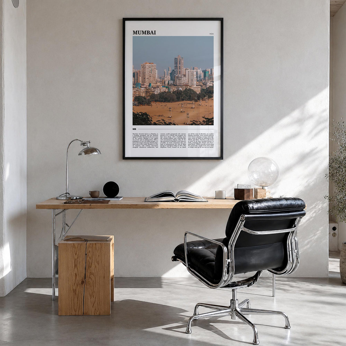 Mumbai colorful travel poster of India – vertical wall art in black wood frame, hanging on wall