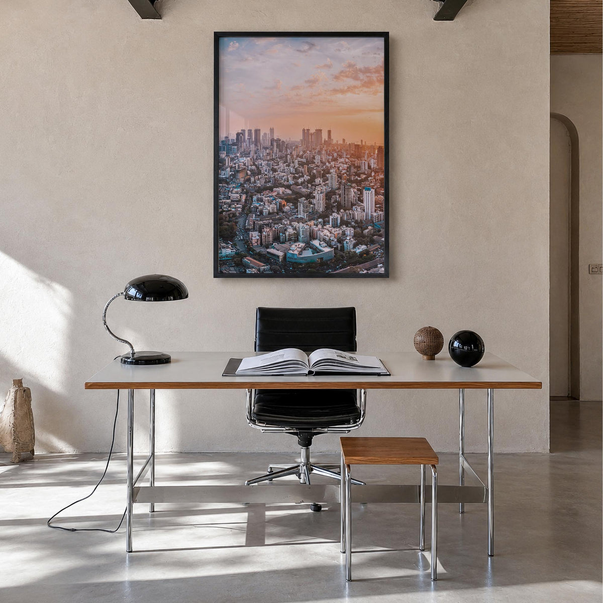 Mumbai no. 1 colorful photo poster of India – vertical wall art in black wood frame, hanging on wall