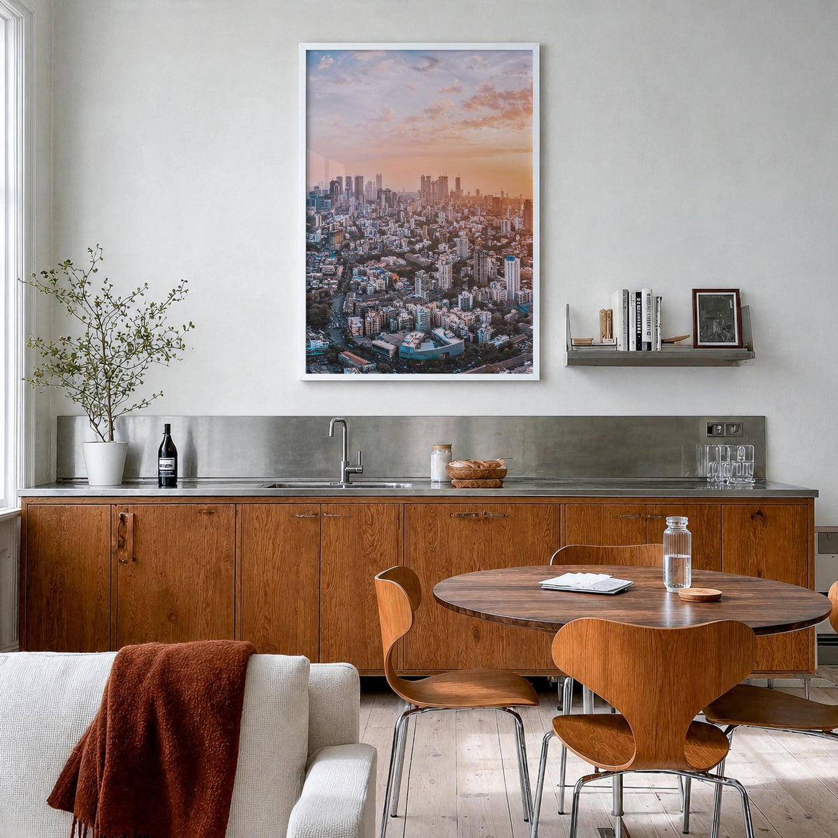 Mumbai no. 1 colorful photo poster of India – vertical wall art in white wood frame, hanging on wall